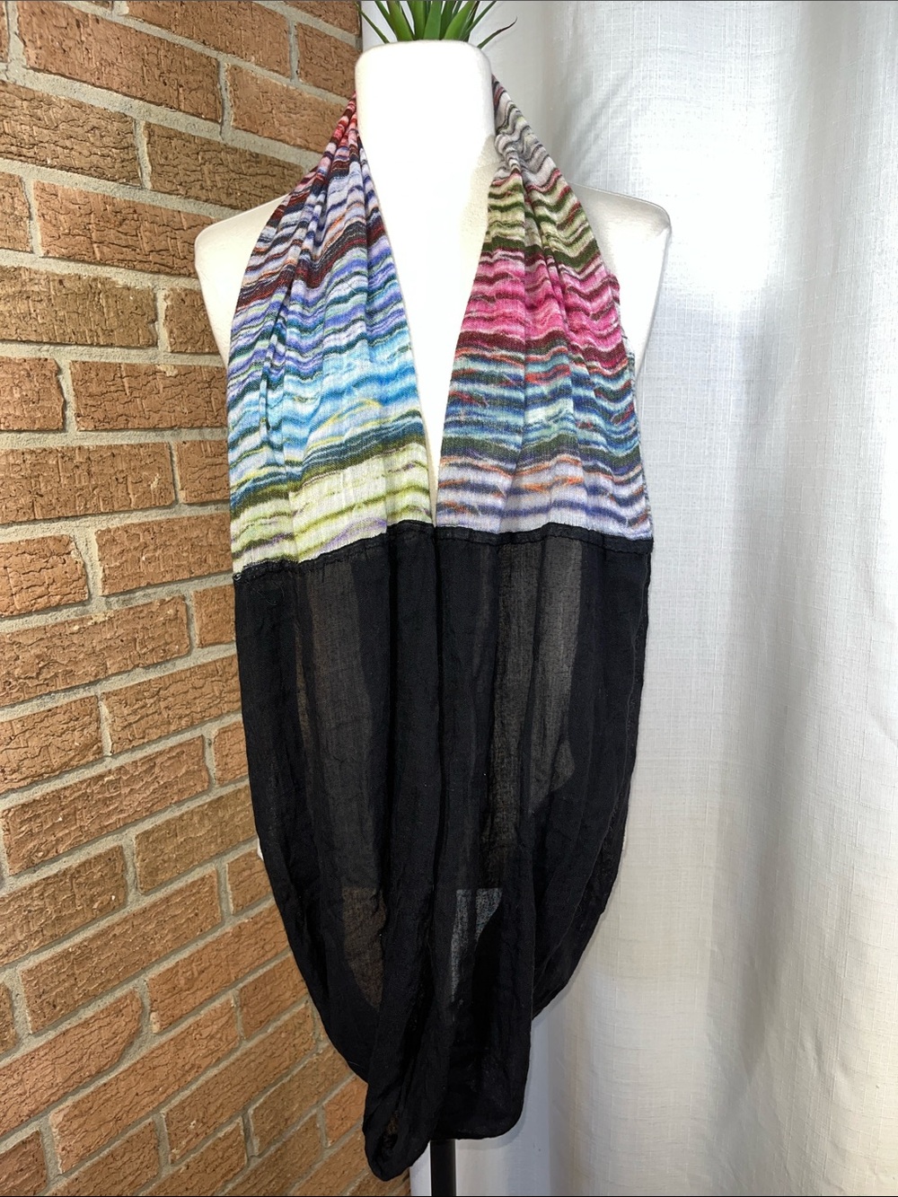 Boho Infinity Scarf Multicolor Stripe Black Lightweight Loop Scarf